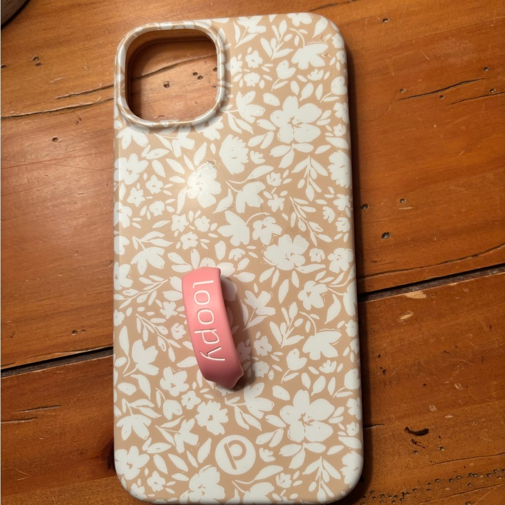 Loopy Case White Floral Tan Phone Case with Pink Loop iPhone 15 Plus